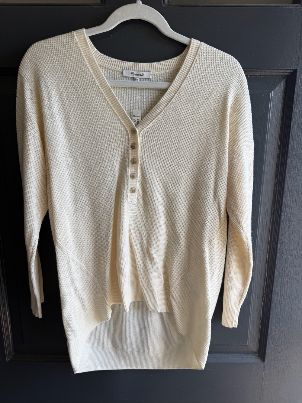 Madewell Cream V-Neck Waffle-Knit Henley Sweater